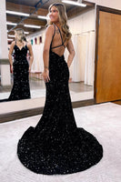 Load image into Gallery viewer, Sparkly Blue Mermaid Sequins Long Backless Prom Dress