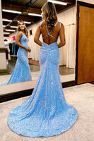 Load image into Gallery viewer, Sparkly Blue Mermaid Sequins Long Backless Prom Dress