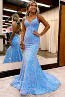 Load image into Gallery viewer, Sparkly Blue Mermaid Sequins Long Backless Prom Dress
