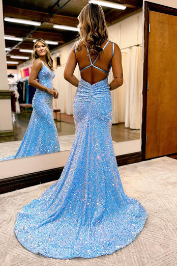 Sparkly Blue Mermaid Sequins Long Backless Prom Dress