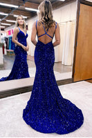 Load image into Gallery viewer, Sparkly Blue Mermaid Sequins Long Backless Prom Dress