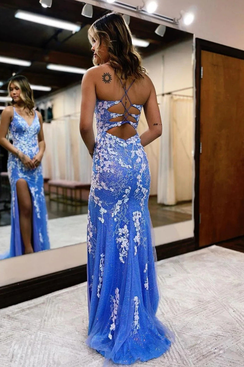 Load image into Gallery viewer, Glitter Blue Mermaid Lace Long Prom Dress with Slit