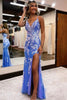 Load image into Gallery viewer, Glitter Blue Mermaid Lace Long Prom Dress with Slit