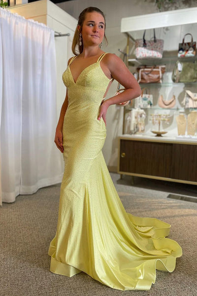 Sparkly Mermaid Spaghetti Straps Yellow Sequins Long Prom Dress