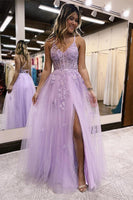 Load image into Gallery viewer, Lilac A-Line Spaghetti Straps Lace Long Prom Dress with Slit