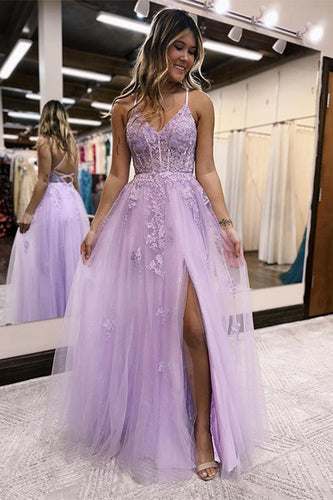 Lilac A-Line Spaghetti Straps Lace Long Prom Dress with Slit