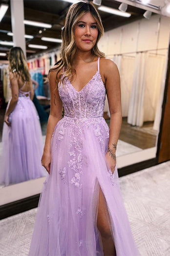 Lilac A-Line Spaghetti Straps Lace Long Prom Dress with Slit