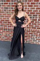 Load image into Gallery viewer, Black Spaghetti Straps Cut Out Long Prom Dress with Slit