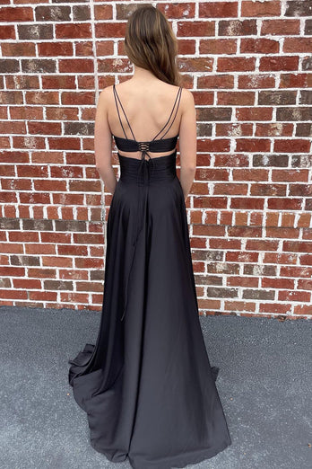 Black Spaghetti Straps Cut Out Long Prom Dress with Slit