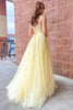 Load image into Gallery viewer, A-Line Tulle Spaghetti Straps Light Yellow Long Prom Dress with Appliques