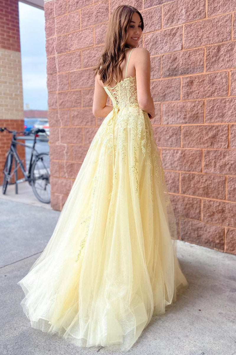 Load image into Gallery viewer, A-Line Tulle Spaghetti Straps Light Yellow Long Prom Dress with Appliques