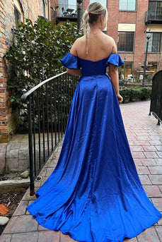 Off The Shoulder Sweetheart Royal Blue Long Prom Dress with Slit