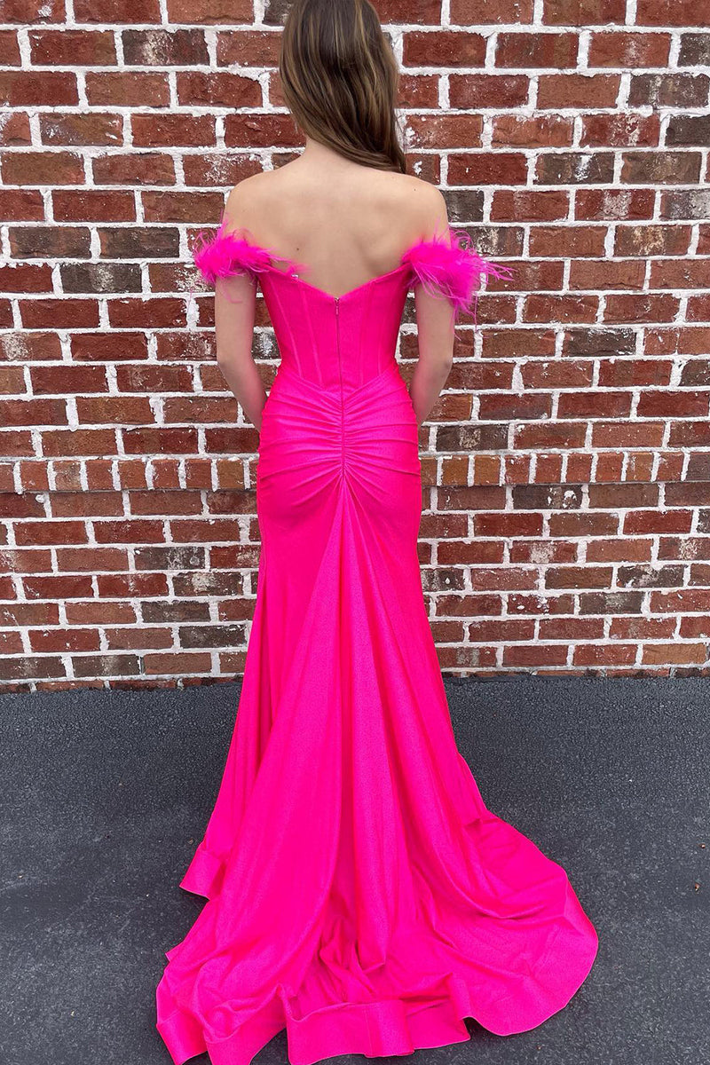 Load image into Gallery viewer, Off The Shoulder Hot Pink Mermaid Long Prom Dress with Feathers