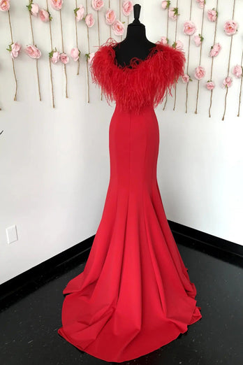 Red Mermaid Long Prom Dress with Feathers