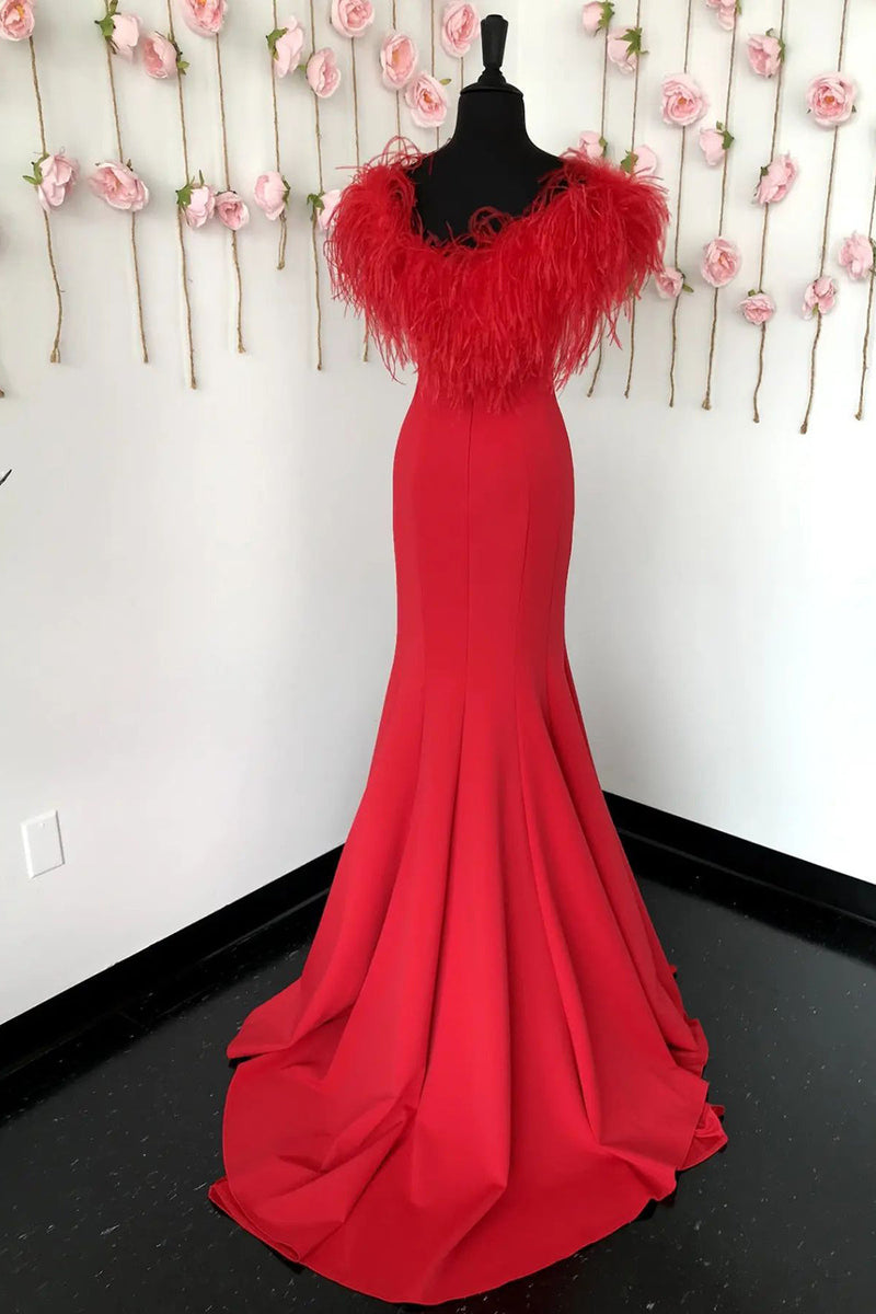 Load image into Gallery viewer, Red Mermaid Long Prom Dress with Feathers