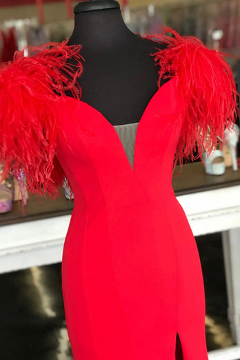 Red Mermaid Long Prom Dress with Feathers