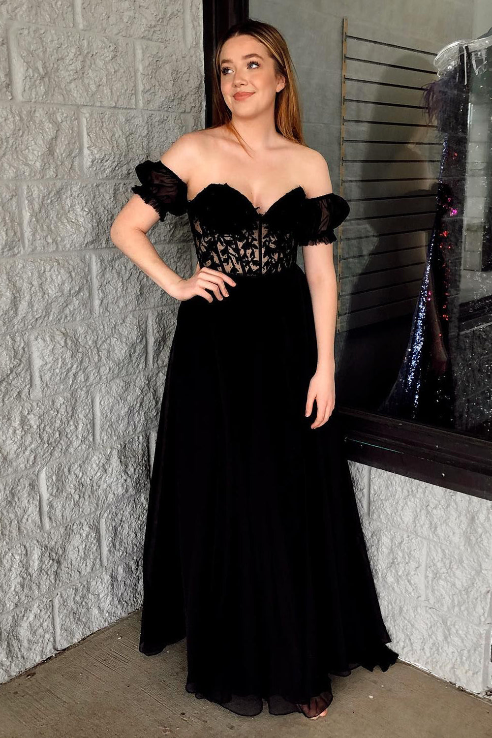 Black Corset A-Line Lace Long Prom Dress