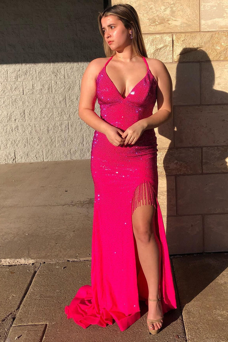 Load image into Gallery viewer, Sparkly Hot Pink Sequins Mermaid Long Prom Dress with Fringes