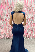 Load image into Gallery viewer, Navy Mermaid Sequins High Neck Open Back Long Prom Dress