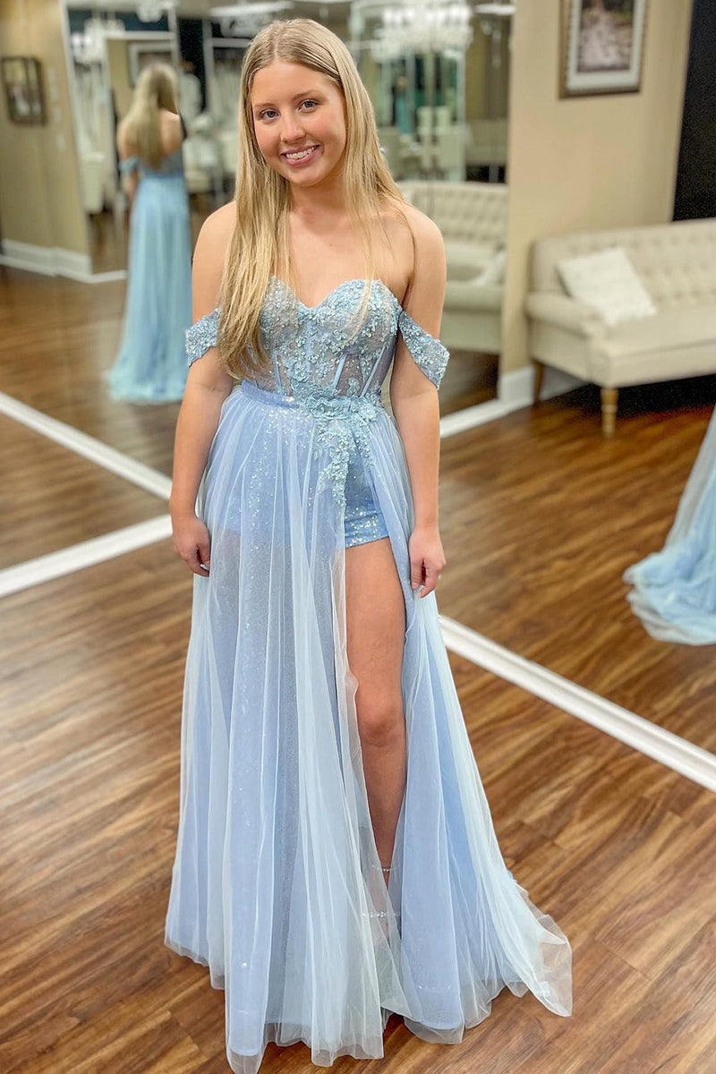 Load image into Gallery viewer, Light Blue Tulle Prom Dress with Sequins