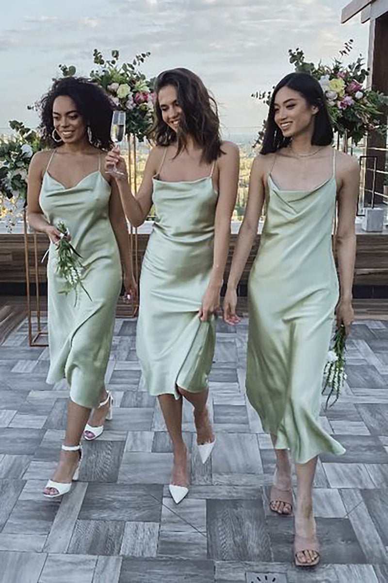 Load image into Gallery viewer, Sage Spaghetti Straps Mid-Calf Simple Bridesmaid Dress