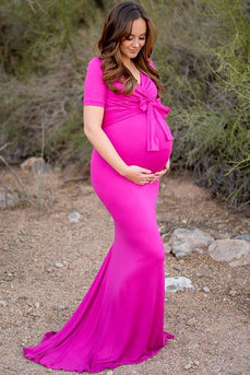 Mermaid Hot Pink Long Maternity Bridesmaid Dress with Short Sleeves