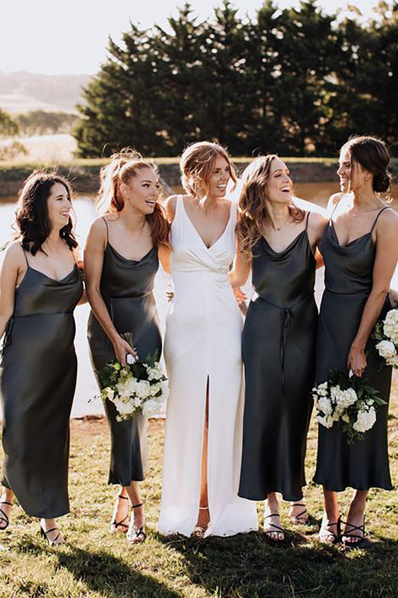 Load image into Gallery viewer, Spaghetti Straps Sheath Dark Grey Simple Bridesmaid Dress