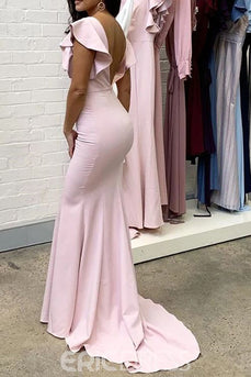 Mermaid Light Pink Long Bridesmaid Dress with Ruffles Sleeves