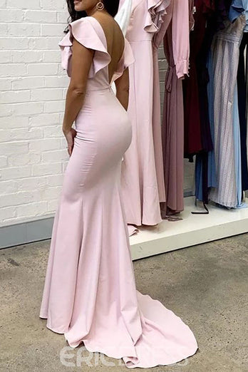 Mermaid Light Pink Long Bridesmaid Dress with Ruffles Sleeves