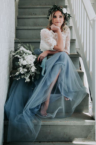 Women Grey Blue Long Prom Bridesmaid Dress with Lace A-Line Boat Neck Wedding Guest Dress with Short Sleeves