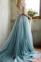 Load image into Gallery viewer, Tulle A-Line Grey Blue Long Prom Bridesmaid Dress with Lace