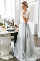 Load image into Gallery viewer, Tulle A-Line Grey Blue Long Prom Bridesmaid Dress with Lace