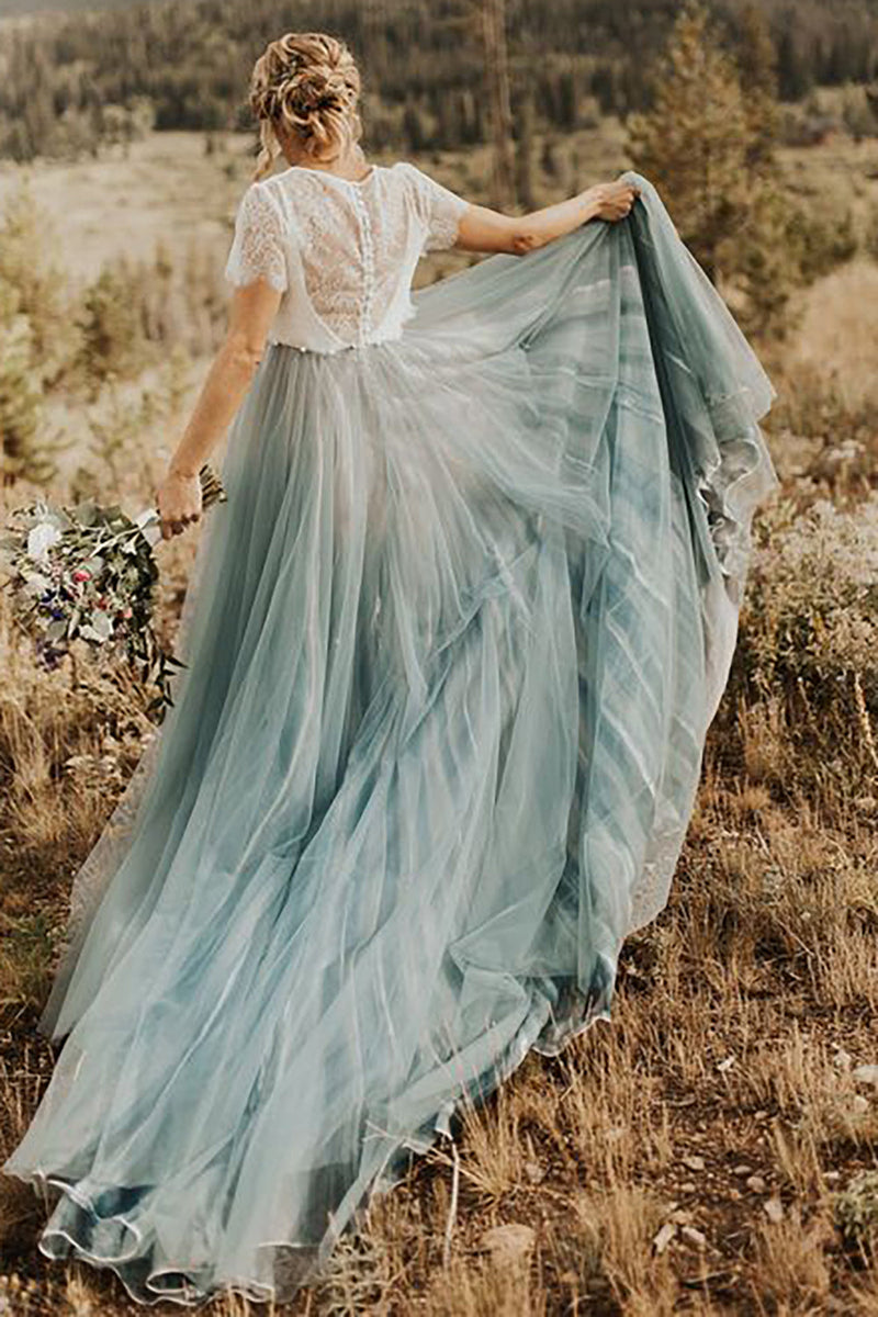 Load image into Gallery viewer, Tulle A-Line Grey Blue Long Prom Bridesmaid Dress with Lace