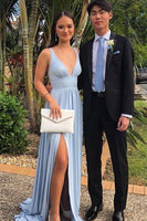 Load image into Gallery viewer, Chiffon Deep V-Neck Light Blue Long Bridesmaid Dress with Slit