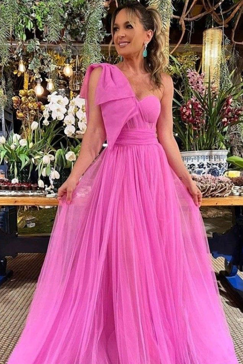 Load image into Gallery viewer, Tulle One Shoulder Hot Pink Long Bridesmaid Dress