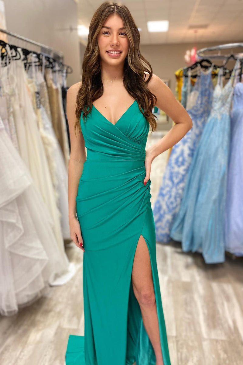 Load image into Gallery viewer, Green Sheath Spaghetti Straps Long Prom Dress with Slit