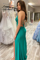 Load image into Gallery viewer, Green Sheath Spaghetti Straps Long Prom Dress with Slit