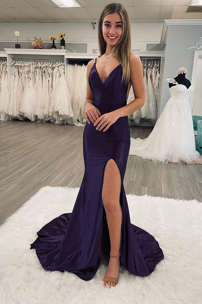 Load image into Gallery viewer, Simple Mermaid Dark Purple Spaghetti Straps Backless Long Prom Dress