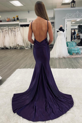Simple Mermaid Dark Purple Spaghetti Straps Backless Long Prom Dress