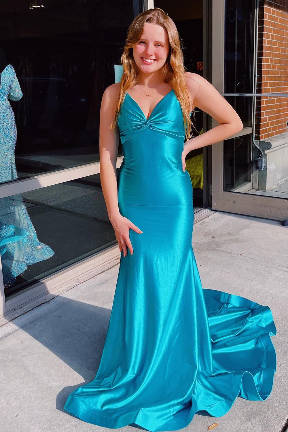 Blue Mermaid Lace-Up Back Long Prom Dress
