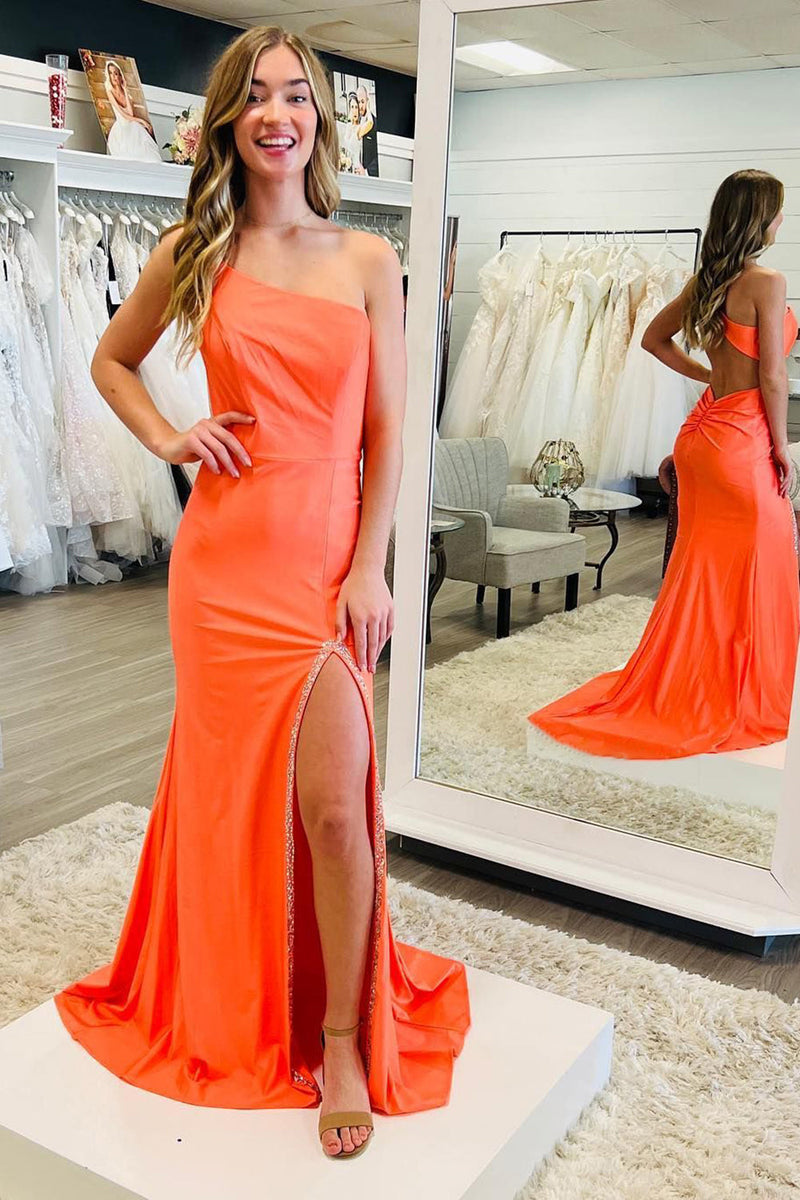 Load image into Gallery viewer, Orange Mermaid One Shoulder Open Back Long Prom Dress with Slit