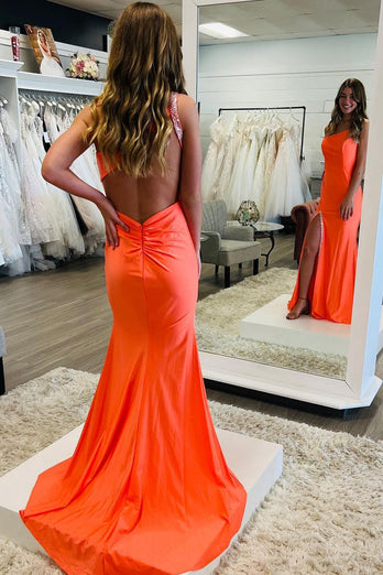 Orange Mermaid One Shoulder Open Back Long Prom Dress with Slit