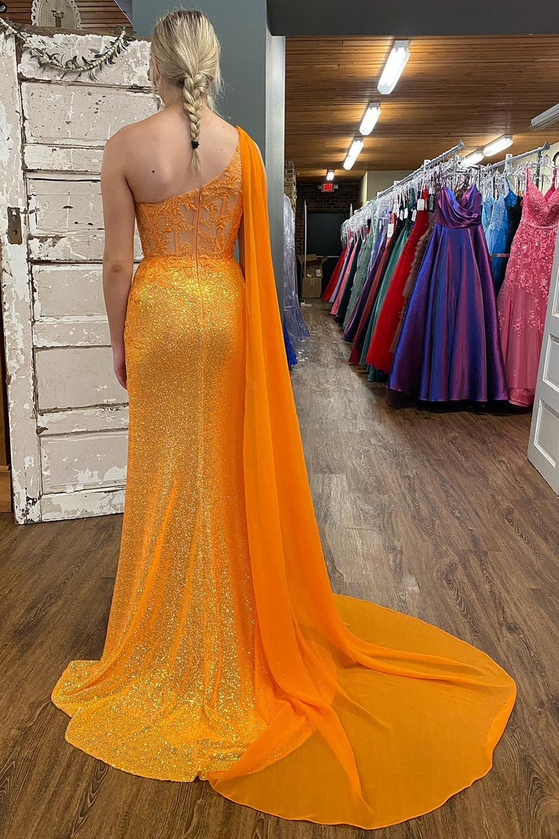 Load image into Gallery viewer, Sparkly Orange Corset One Shoulder Long Prom Dress with Deatchable Train