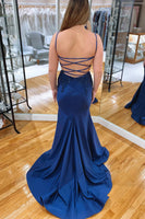 Load image into Gallery viewer, Sparkly Navy Mermaid Long Prom Dress with Appliques