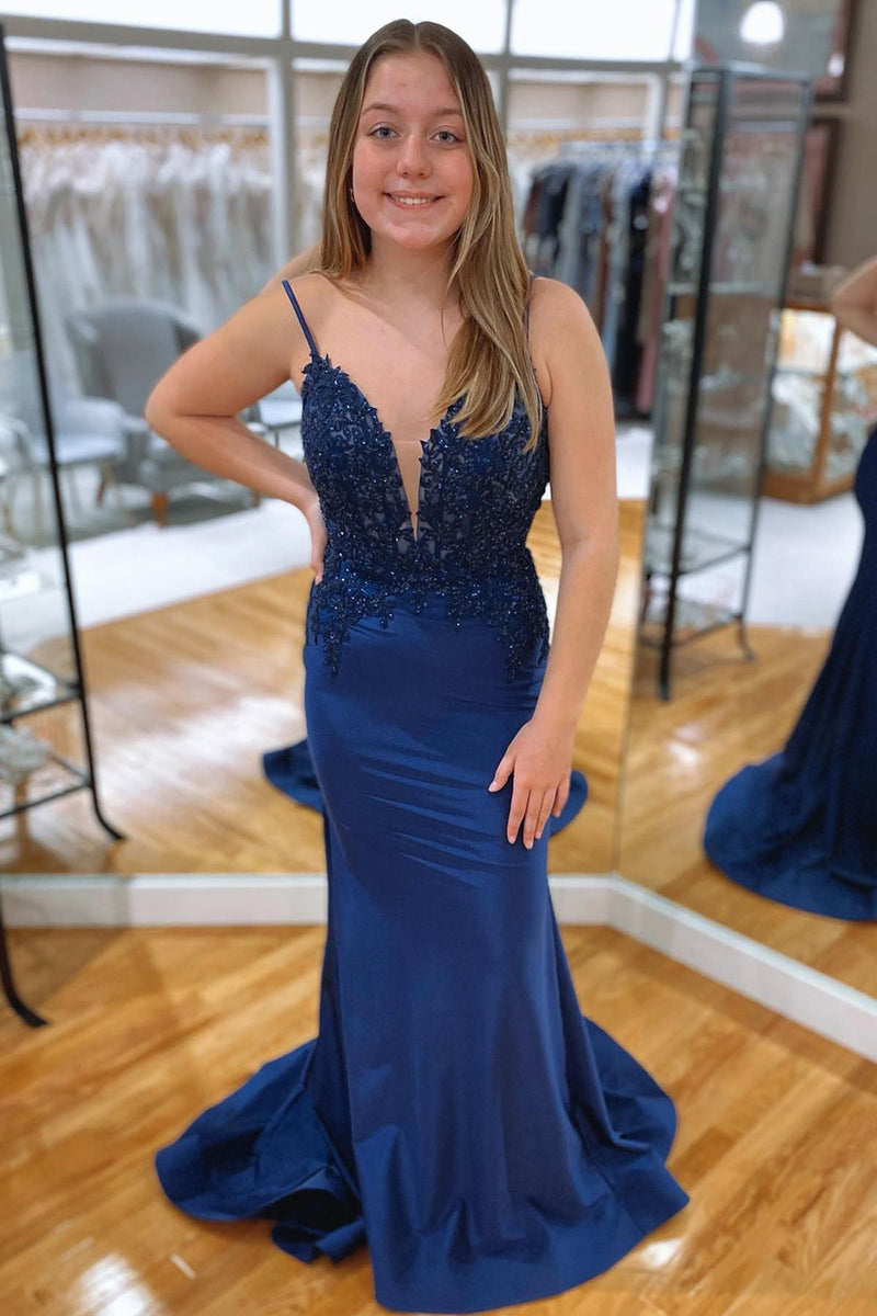 Load image into Gallery viewer, Sparkly Navy Mermaid Long Prom Dress with Appliques