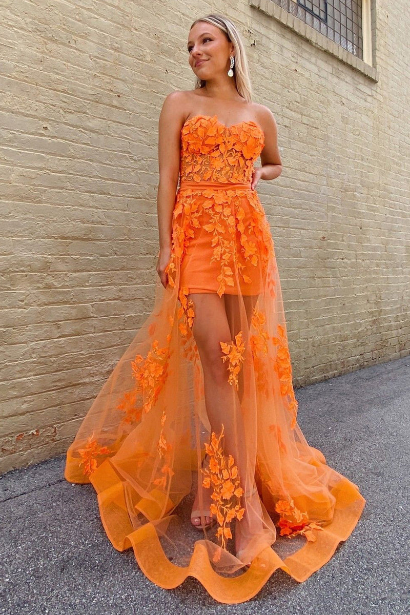 Load image into Gallery viewer, Orange Sheath Corset Long Prom Dress with Appliques