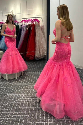 Hot Pink Mermaid Spaghetti Straps Long Prom Dress with Lace
