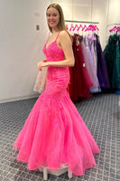 Load image into Gallery viewer, Hot Pink Mermaid Spaghetti Straps Long Prom Dress with Lace