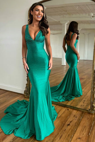 Sparkly Green Beaded Mermaid V-Neck Backless Long Prom Dress