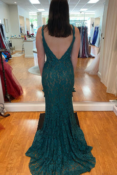 Mermaid V-Neck Dark Green Lace Long Prom Dress with Beading